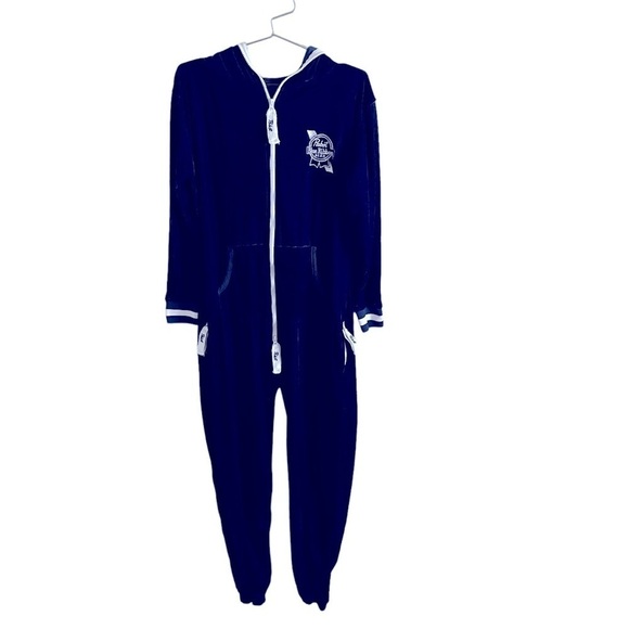 Pabst Blue Ribbon Beer Velvet  jumpsuit Pajama Unisex Size Small Blue zip PBR - Picture 1 of 8